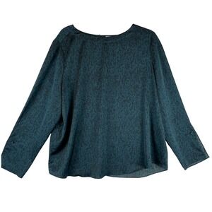 Nordstrom Teal Black Abstract Print Long Sleeve Blouse XL Boat Neck Keyhole Back